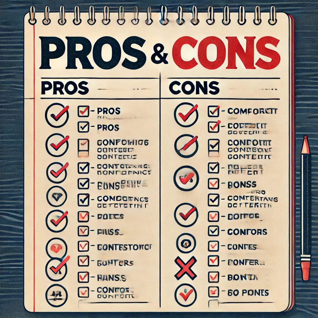 DALL·E 2024 10 11 17.05.35 A pros and cons list with items ranked by importance. The list is divided into two columns Pros and Cons with each item clearly listed under the