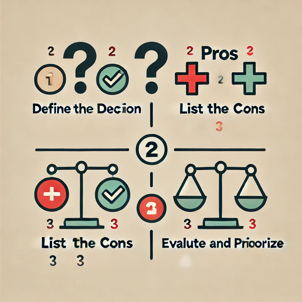 DALL·E 2024 10 11 18.29.33 A clean and simple graphic showing the process of creating a pros and cons list. The image is divided into four numbered steps 1. Define the decision