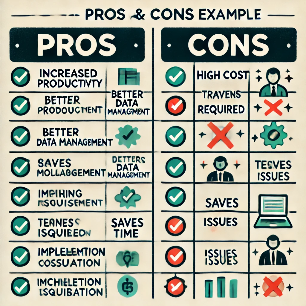 DALL·E 2024 10 11 18.30.44 A clear illustrated pros and cons list example divided into two columns. On the left side the Pros column has items like Increased productivity