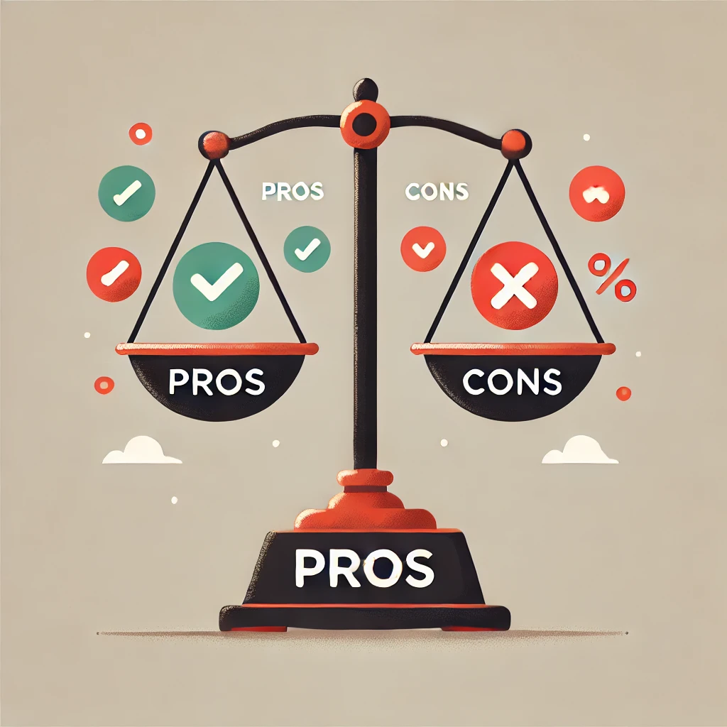 DALL·E 2024 10 11 18.32.46 A balanced scale illustration representing pros and cons. On the left side of the scale labeled Pros there are icons such as a green check mark an