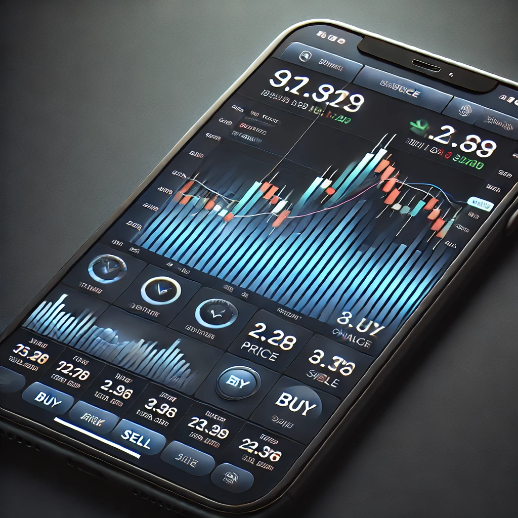 DALL·E 2024 11 17 13.51.31 A mobile phone screen displaying a stock trading app interface with real time market data and interactive charts. The screen shows a candlestick chart