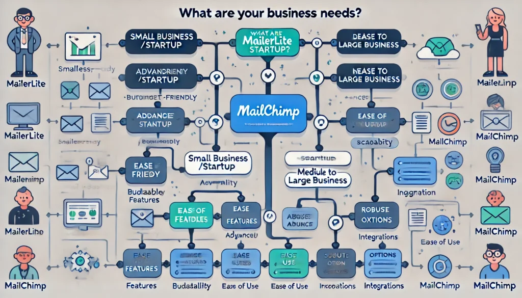 DALL·E 2024 12 01 13.56.10 A decision tree or flowchart designed to help users choose between MailerLite and Mailchimp as an email marketing tool. The tree begins with a questio 1