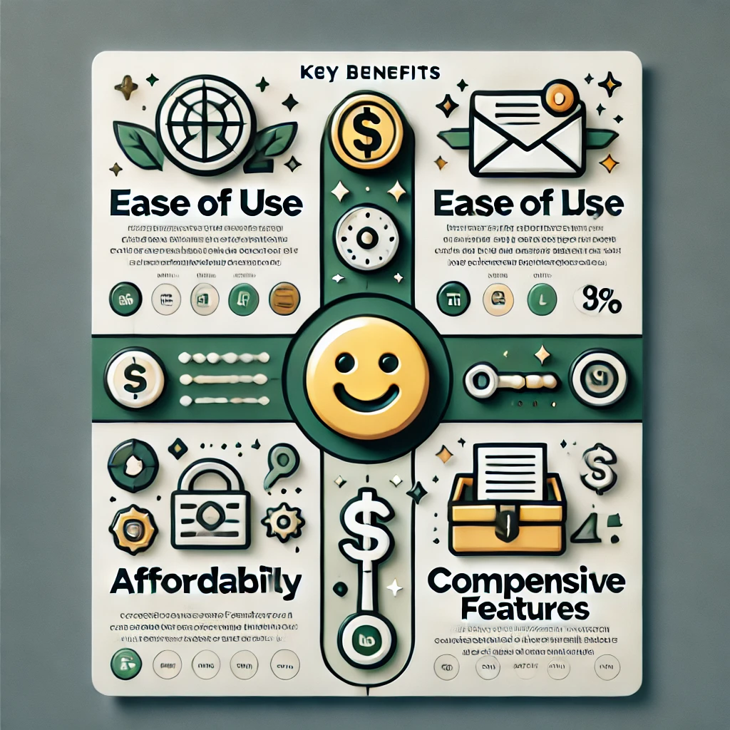 DALL·E 2024 12 05 10.40.19 An infographic style image displaying key benefits of MailerLite in a visually engaging way. Features include Ease of Use represented with a smiley